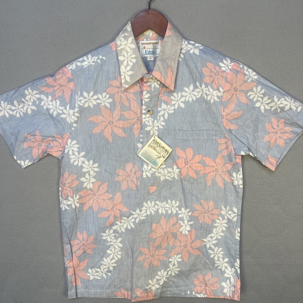 NWT Kahala Shirt Mens S Blue Pink Floral Cotton Lawn Popover Hawaiian Aloha